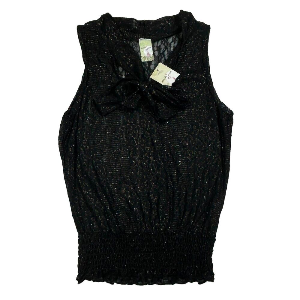 Alex & Jane Black Lace Top Metallic Shimmer Sheer Ruched Small USA MT2792-L